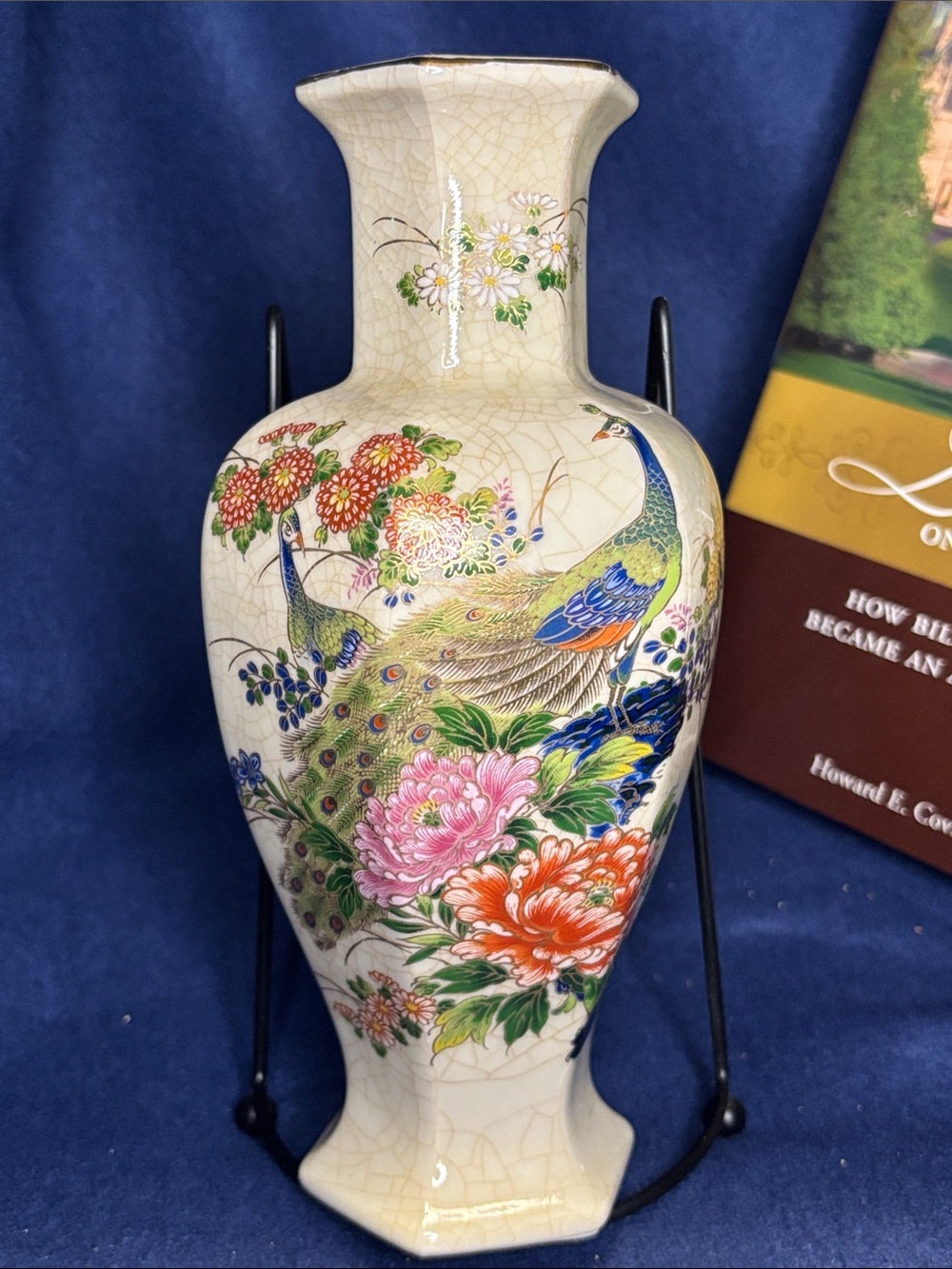 Hand-Painted Peacock Floral Ceramic Vase in Cream and Multicolor